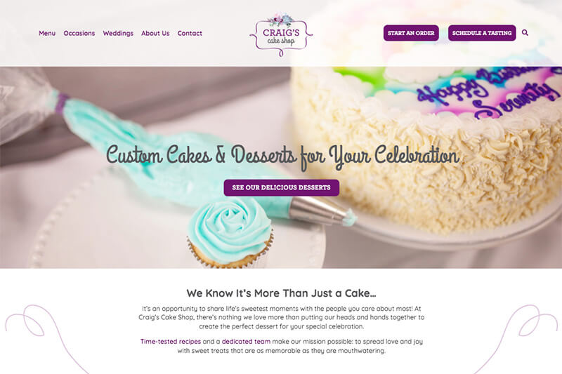 A screenshot of the Craig’s Cake Shop homepage — a whimsical, hometown feel