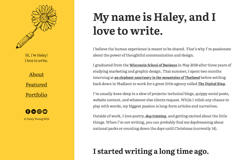 A screenshot of my new writing portfolio, a custom WordPress theme I designed and developed